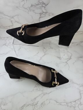Black Suede Block Heel Pumps with Gold Bit Accent(B22)
